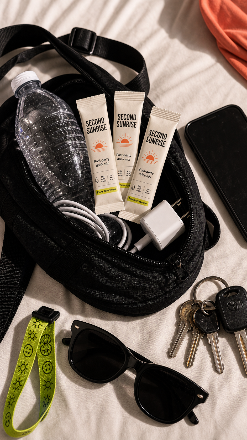 Second Sunrise sachets packed in a black crossbody bag with water, charger, sunglasses, keys, and a wristband.