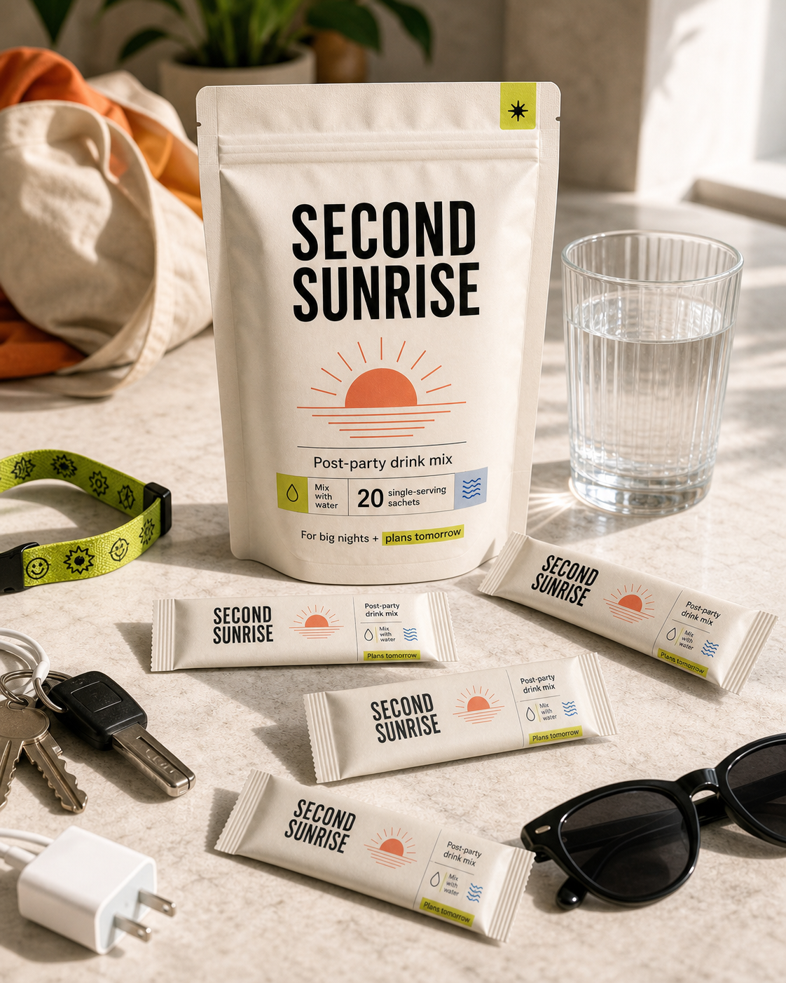 Second Sunrise post-party drink mix bag with matching sachets, water, keys, sunglasses, charger, and wristband.
