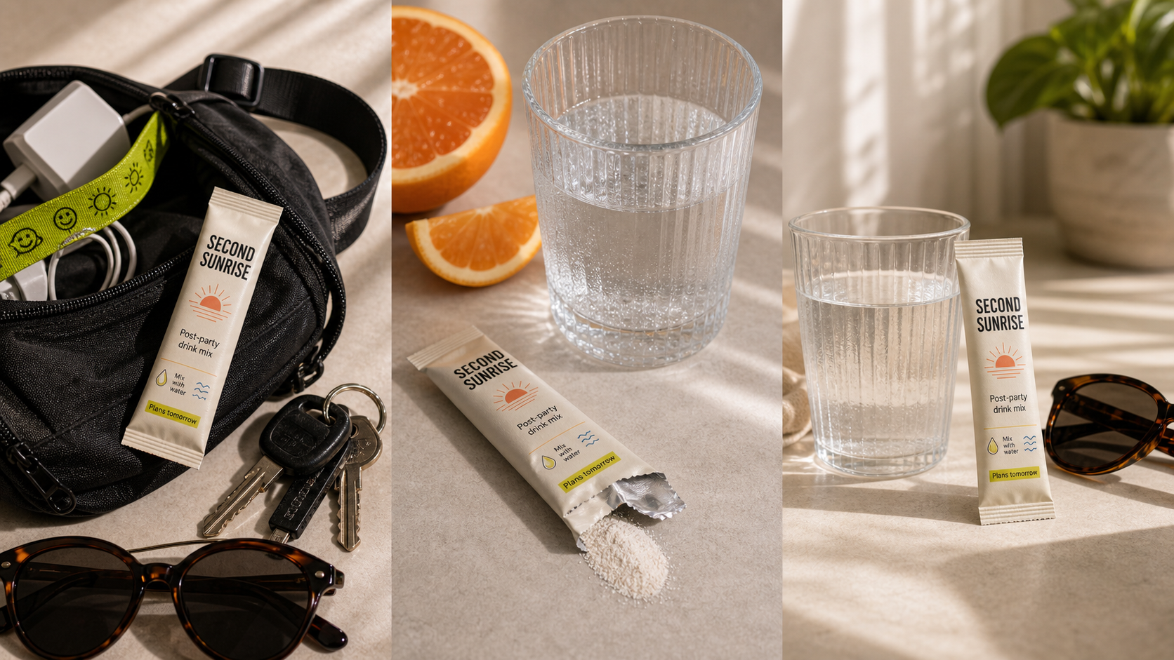 Second Sunrise sachets shown packed in a bag, mixed with water, and ready beside a morning glass.